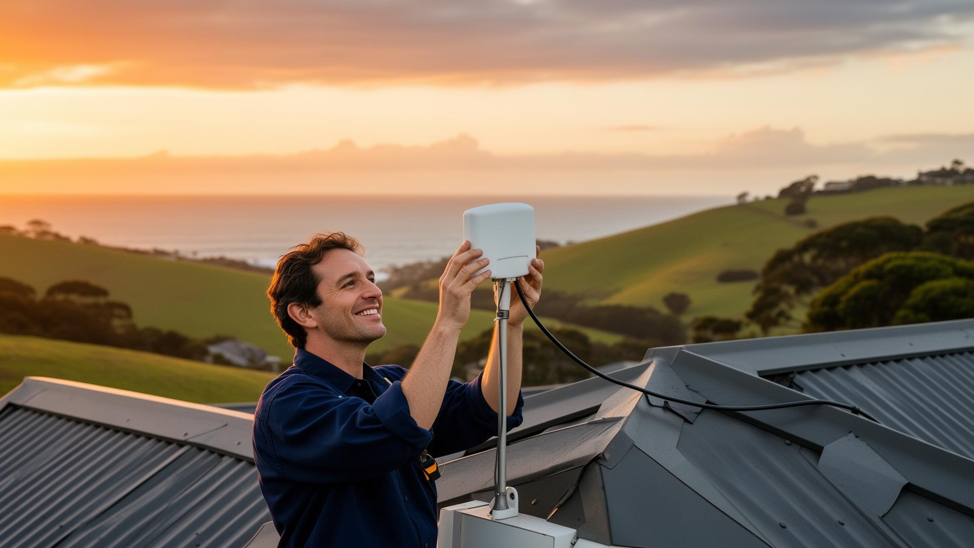 Local technician installing a carrier-approved mobile signal antenna on a regional Victorian home